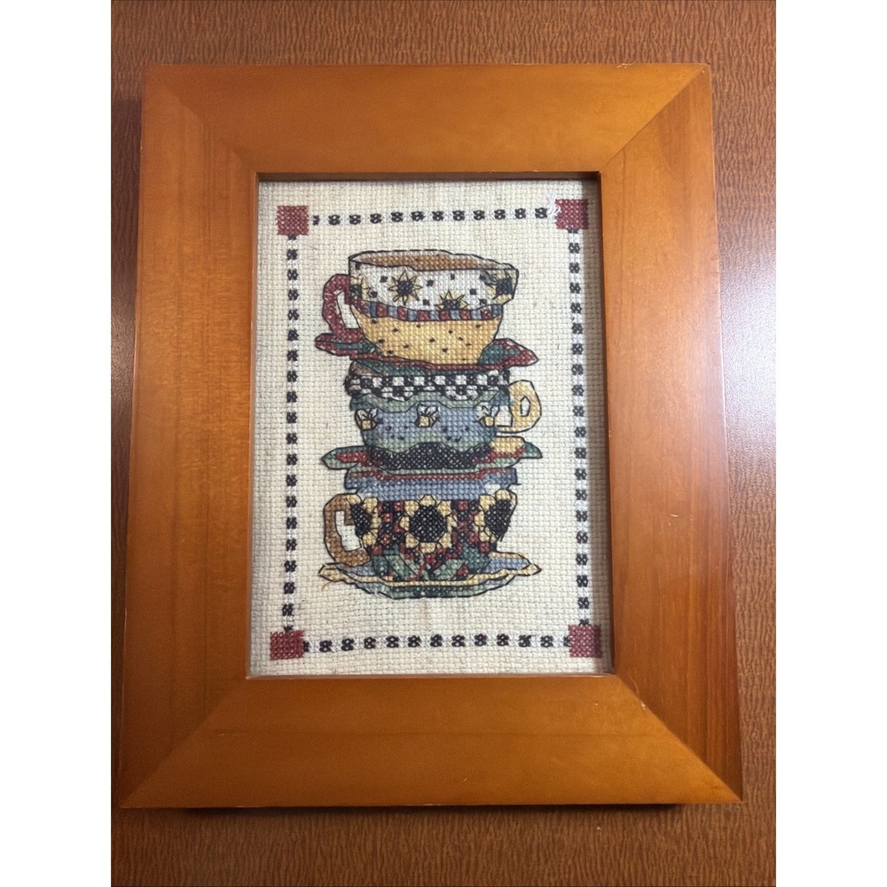 Needlepoint Tea Cups Stacked Counted Cross Stitch Wood Frame Flowers Bees